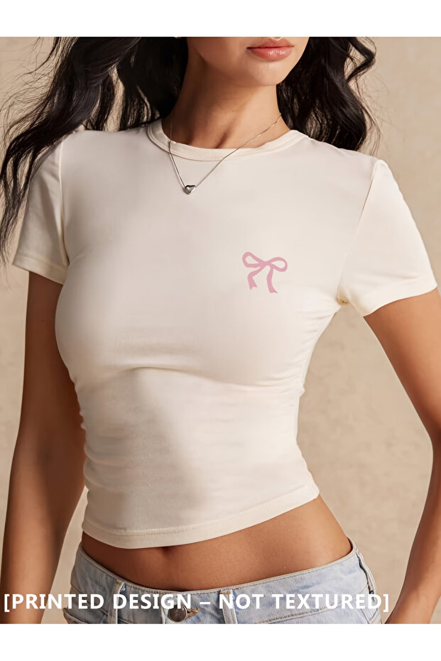 Women's Crop Baby Tee with Bow Print Slim Fit Y2K Aesthetic 100% Cotton Basic Model Nvrmnd - 052 -