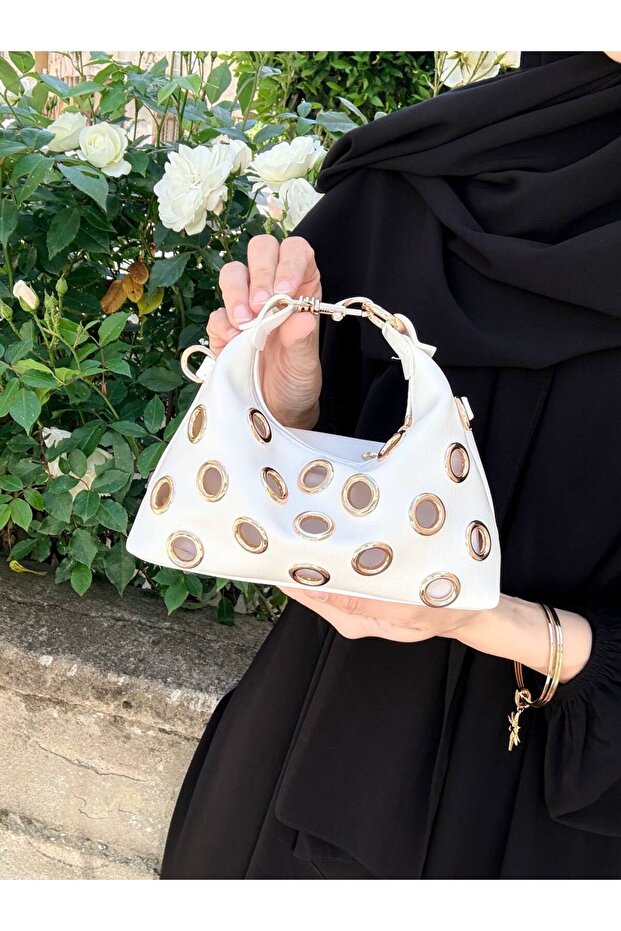 Leather Look Handbag with Gold Metal Accessories, Suitable for Hand Use