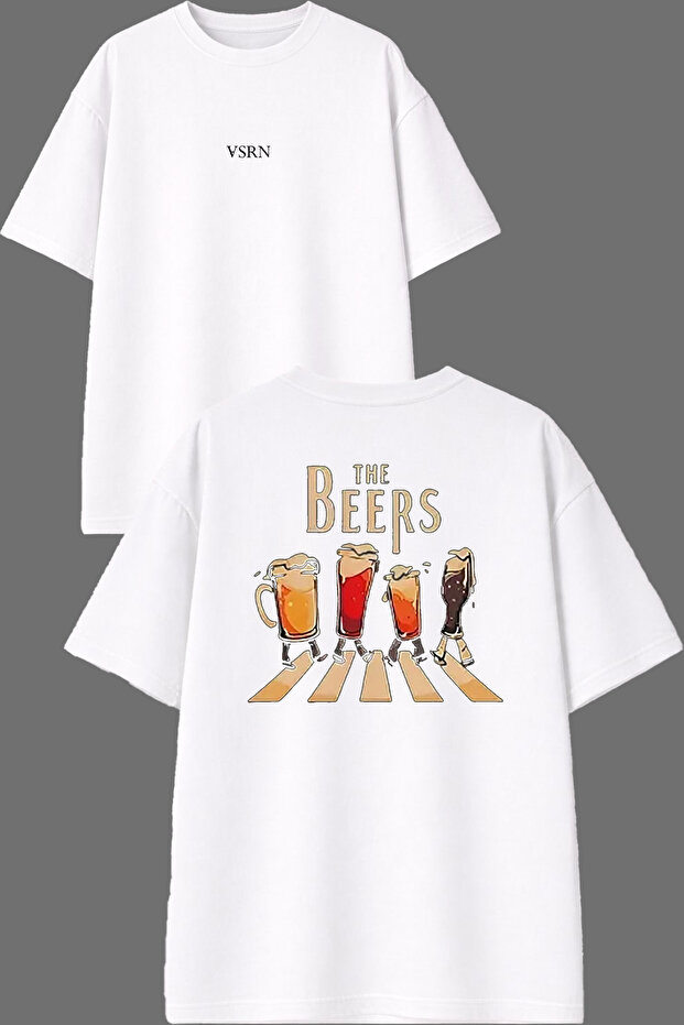 تي شيرت أبيض كبير الحجم بتصميم The Beers مطبوع من الأمام والخلف