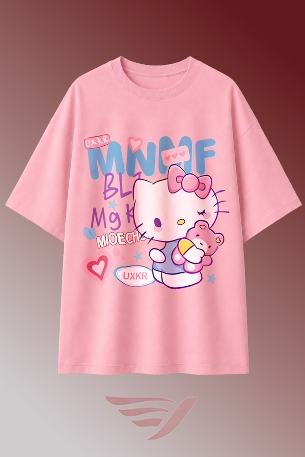 Unisex Kitty Printed Oversize Crew Neck Cotton Comfortable Daily Use Combed Cotton T-Shirt