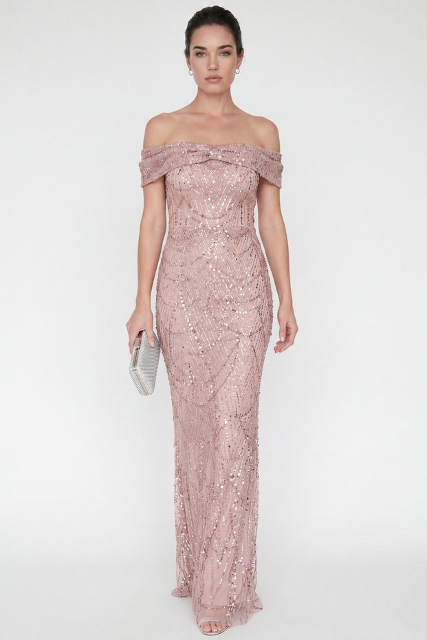 Women's Powder Boat Neck Beaded Long Mermaid Evening Dress