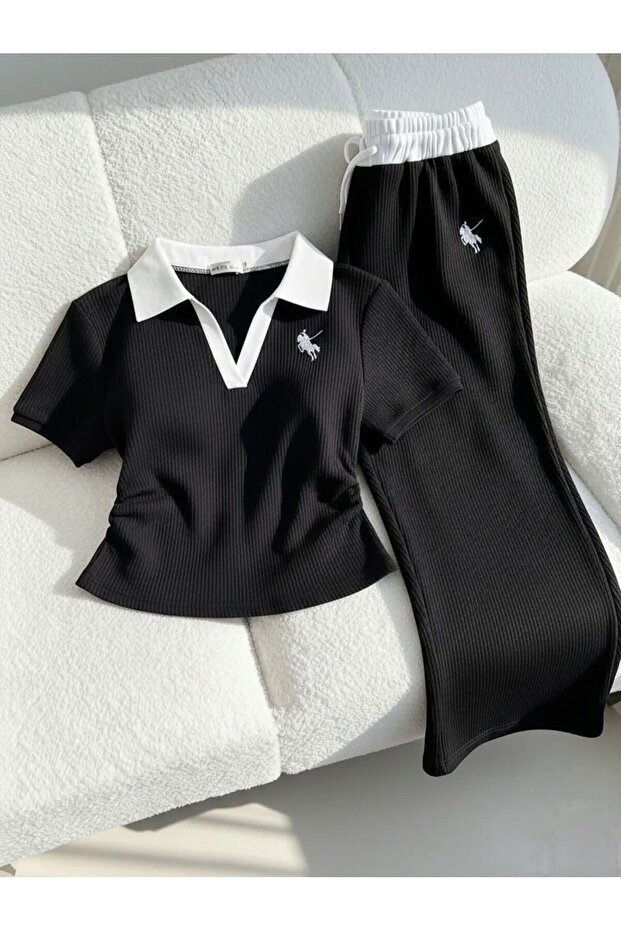 Polo Collar Embroidered Drawstring Set