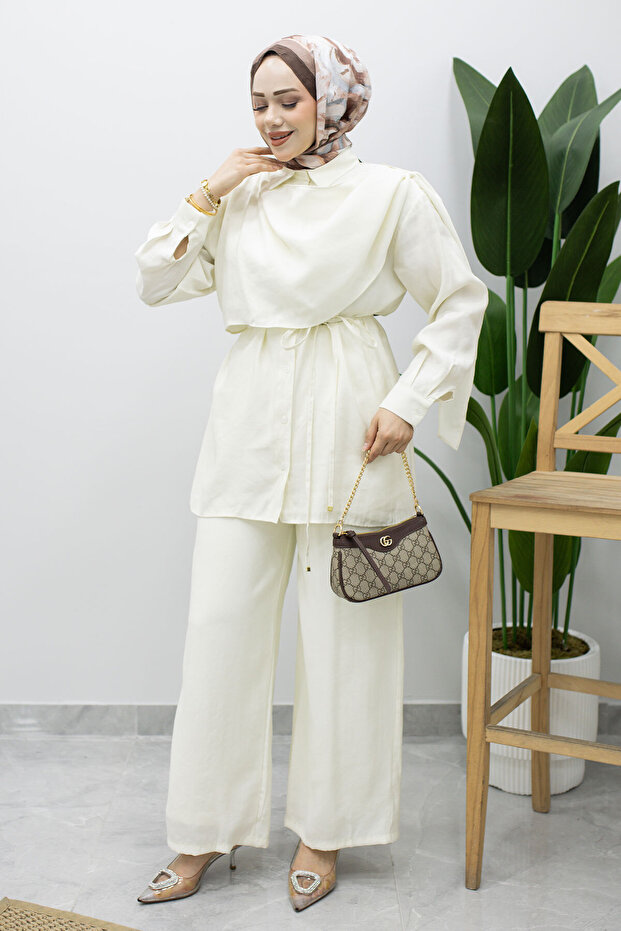 Shawl Detailed Waist Drawstring Double Set Tsd260229 Ecru