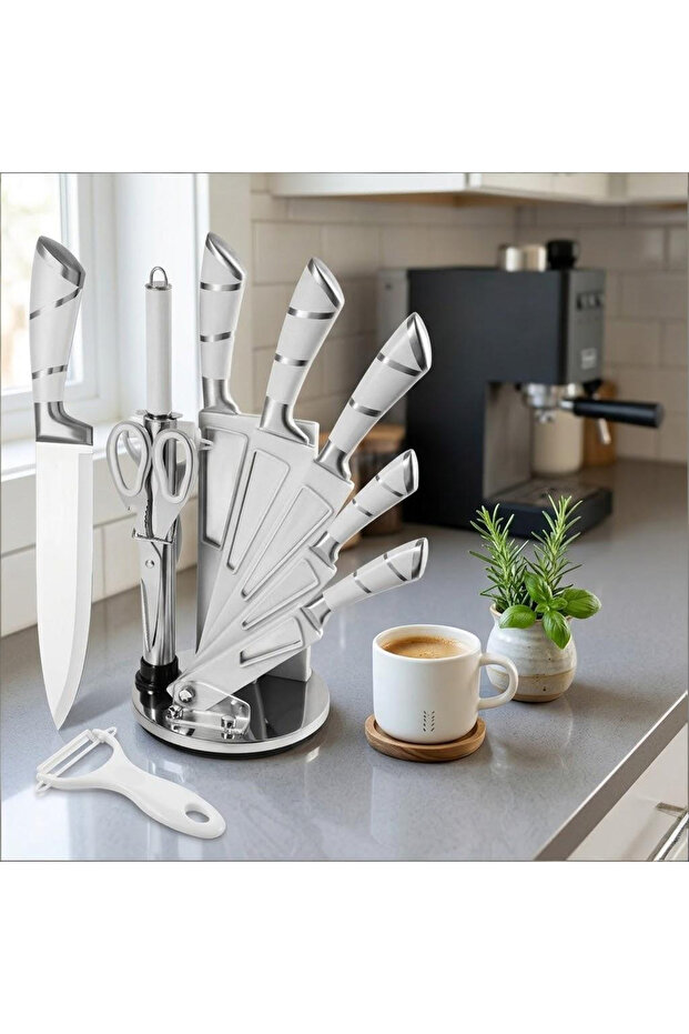 9-Piece Kitchen Knife Set with Stand, Professional Chef Knives for Home Cooking, Sharp Blades with Ergonomic Handles, Includes Kitchen Scissors and Peeler for Daily Prep
