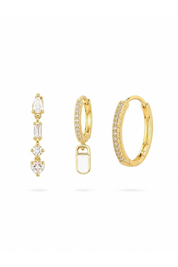Brass Zircon Stone Dangle Model Gold Color 3-Piece Double Women's Earring Set