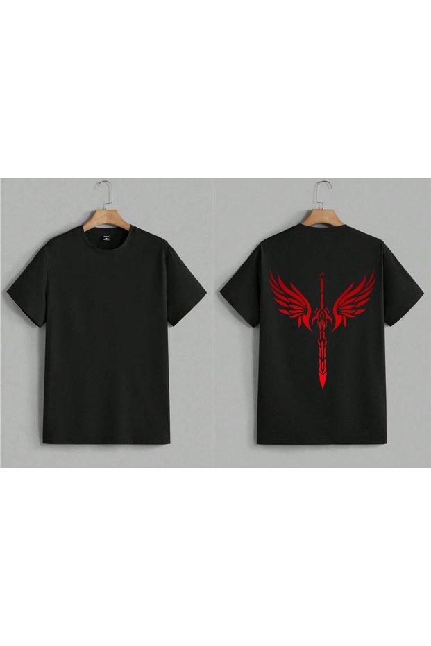 Red Sword and Wing Print Oversized T-Shirt