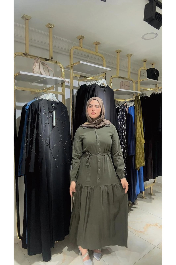 Our Green Cupra Modal Fabric Buttoned Dress Model