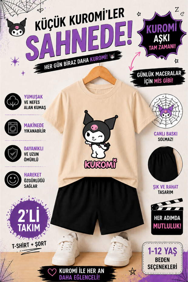 Kuromi Dream Mood Look Kids' Set – T-Shirt & Shorts 2-Piece Combination | Trendy Summer Set for Ages 1-12