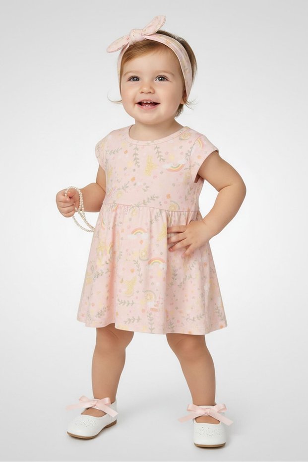Toddlers Girl 4Pcs Floral Print Dress And Panty with Headband Set, Multicolor