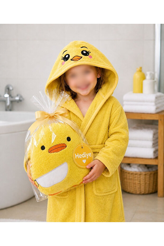 Chick Embroidered Children's Bathrobe with Chick Pillow Gift