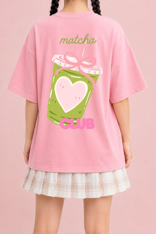 Women's Matcha Club Printed Oversize Crew Neck Cotton Casual Combed Cotton T-Shirt
