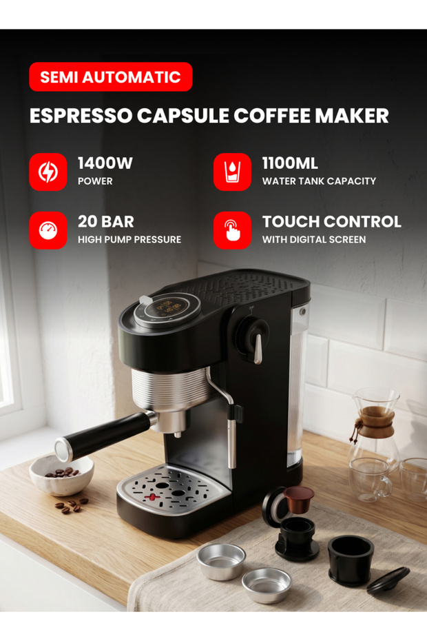 3 in 1 Semi Automatic Multi-Functional Capsule Coffee Maker | 1400W Power | Digital Touch Control | Stainless Steel | 1100ml | Black | OG1401EC | 2 Year