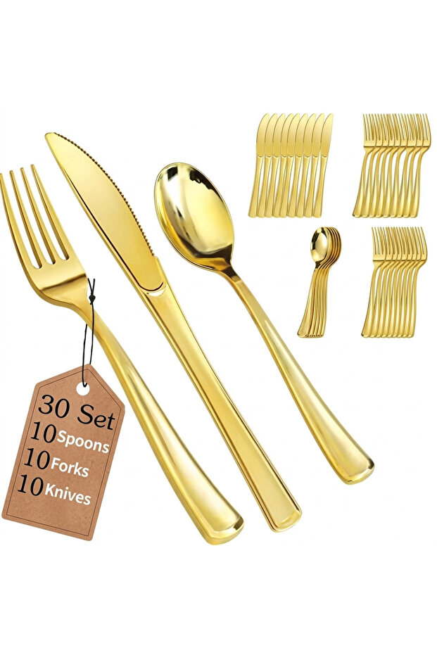 Premium Golden Plastic Cutlery Set, 30 Pieces, Spoons, Forks, Knives, Elegant Reusable Dining Tableware