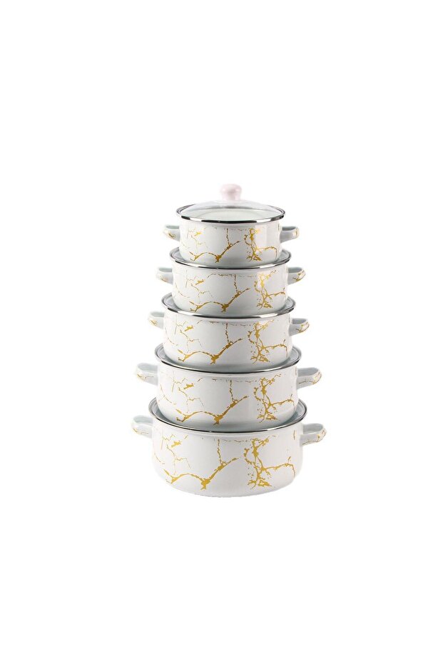 Marble Print Enamel Casserole Set with Lid, 6 Pieces Multipurpose Cooking Pots Set