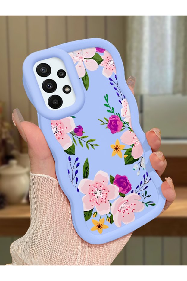 Samsung Galaxy A23 Compatible Case Camera Protector Blue Silicone Couple Phone Case Floral Pattern