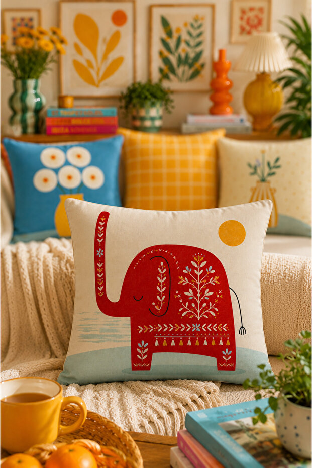 Retro Boho Elephant & Vase Throw Pillow Cover Digital Printed Living Room Sofa Cushion Cover