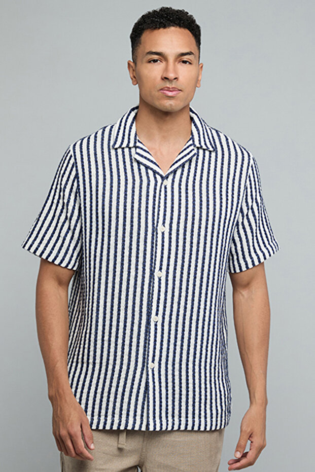 Striped Shirt with Revere Collar and Short Sleeves