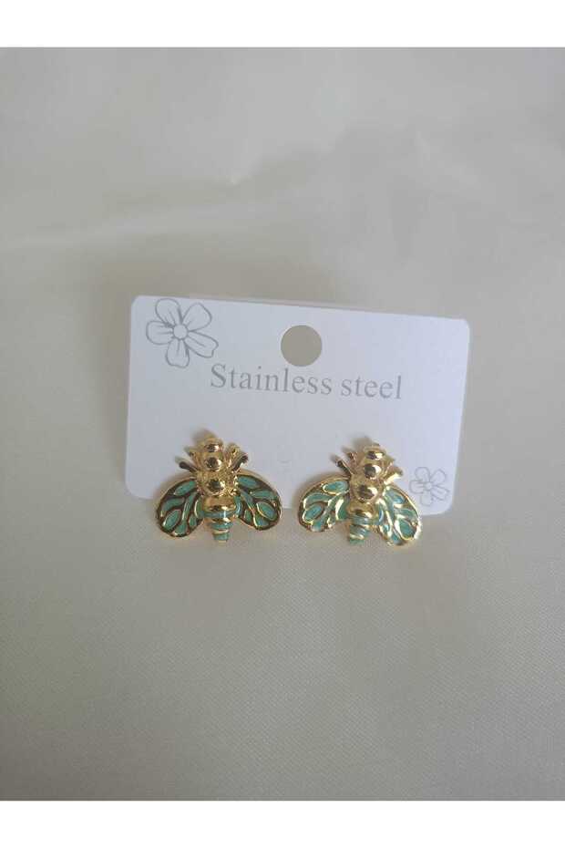 Green Enamel Bee Steel Earrings