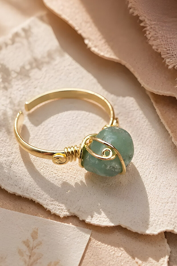 Aventurine Ring Adjustable Copper Top Plated Gold Color Natural Stone