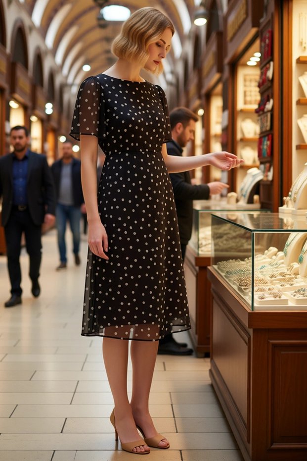 Women's Plus Size Angel Sleeve Crew Neck Midi Chiffon Lined Woven Dress Polka Dot Casual Comfortable
