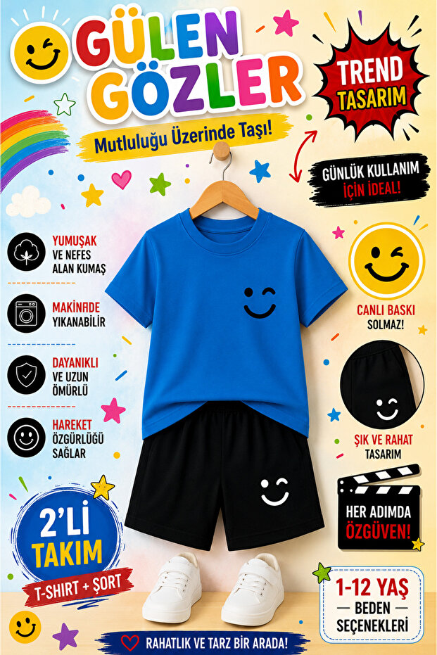 🌈 Smile Printed Smiling Eyes Kids Set – T-Shirt & Shorts 2-Piece Combination | Trendy Summer Set for Ages 1-12