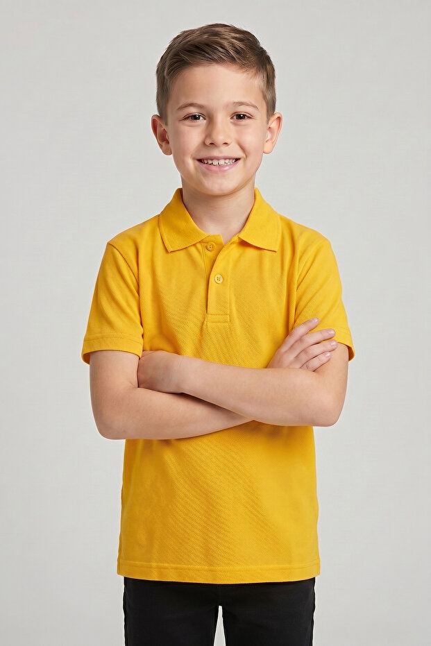 Unisex Kids Bright Yellow Lacoste Polo Collar Short Sleeve School T-Shirt