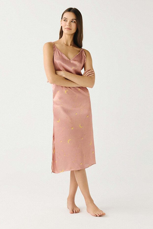 Luna Touch Slit Detailed Satin Nightgown Mink
