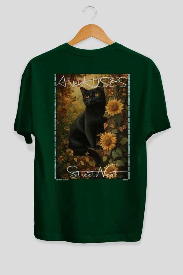 For the Love of Cats 89 Cat Printed Green Oversize T-Shirt 100% Cotton Unisex Cat Lover Premium Design
