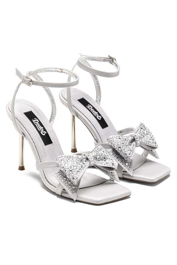 High Heel Ankle Strap Open Women's Stone Bow Evening Dress Shoes 8100