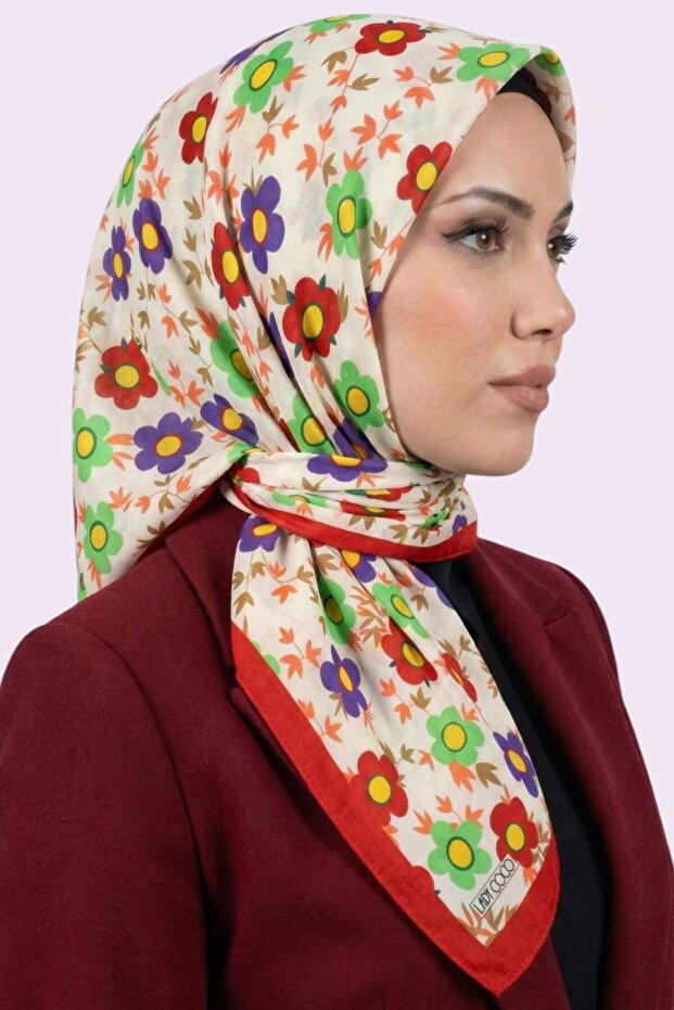 وشاح نسائي ناعم من القطن العضوي بنقشة زهور باللون الأحمر الإكروي