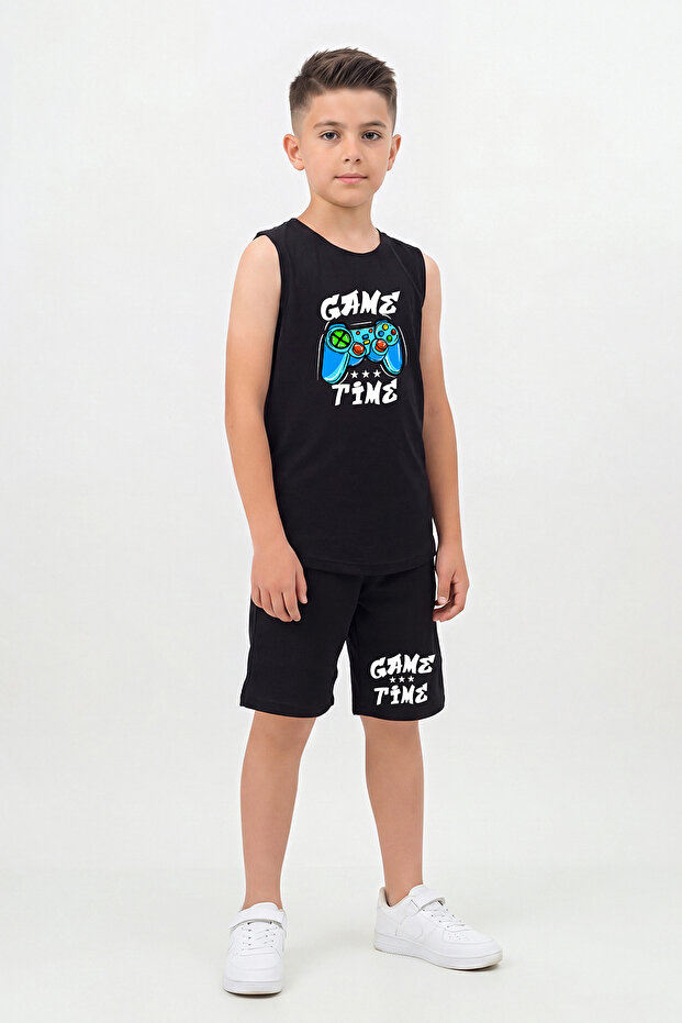Zero Sleeve Print Detailed Round Neck Boys' Top and Bottom Set