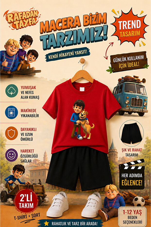 Rafadan Tayfa Printed Children's Set – T-Shirt & Shorts 2-Piece Combination | Trendy Summer Set for Ages 1-12