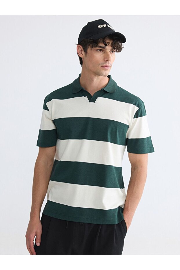 Polo Neck Striped Combed Cotton Men's T-Shirt