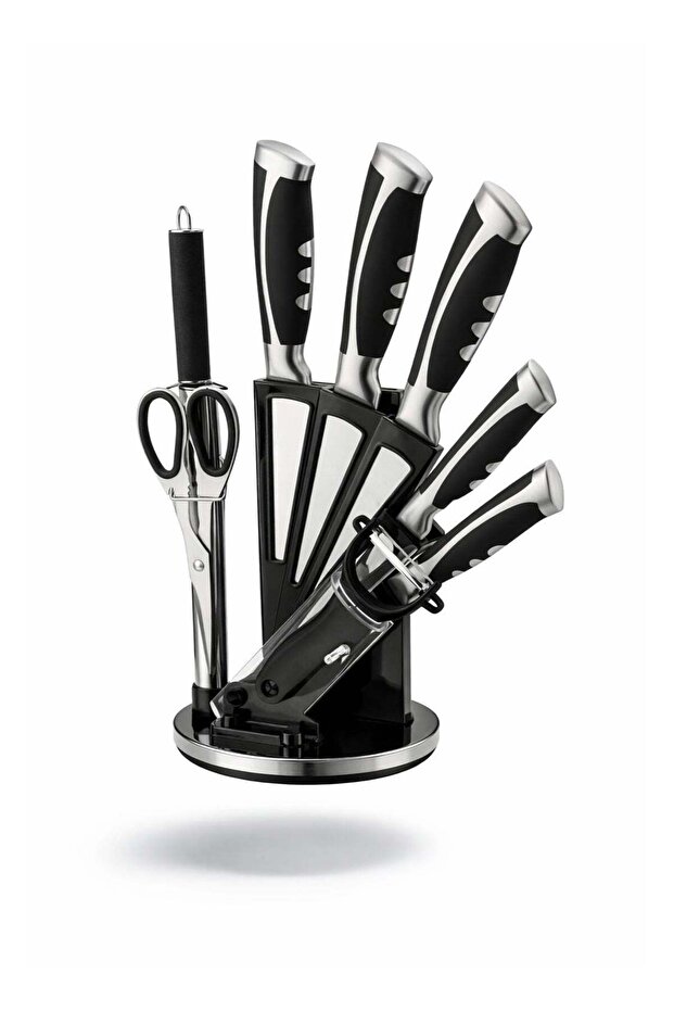 9-Piece Kitchen Knife Set with Acrylic Block – Chef, Cleaver, Slicer, Utility, Paring, Scissors, Sharpener & Peeler