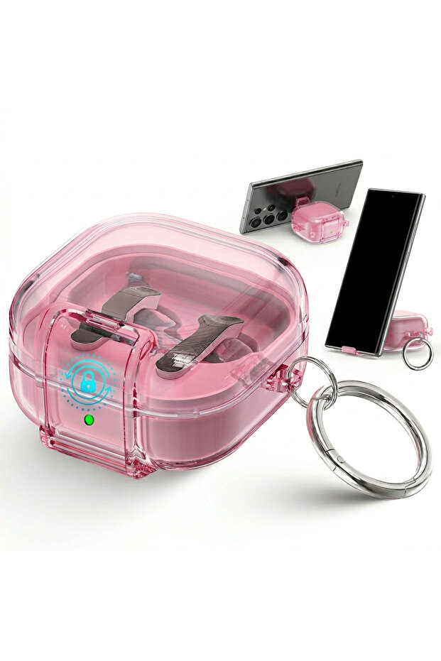 Samsung Galaxy Bud 4 Pro Case/Buds4 Case Clear Lock Clip with Phone Stand -Pink