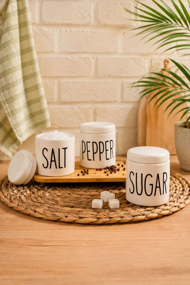 3-Piece Ceramic Spice Jar Set with Lids, Salt Shaker, Sugar Bowl, Pepper Shaker, Kitchen Organizer