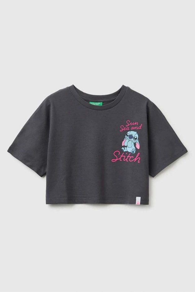 Girl's Lilo & Stitch Print Detailed Crop T-Shirt Brown 6-13 Years
