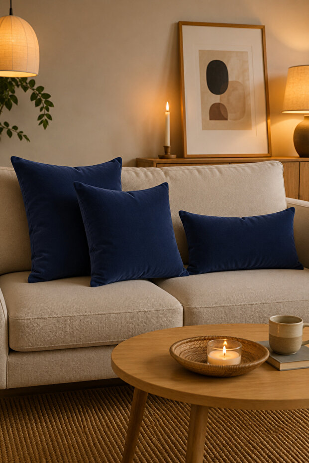 Navy Blue Velvet Textured Decorative Throw Pillow Cover - Zippered - 1 Piece