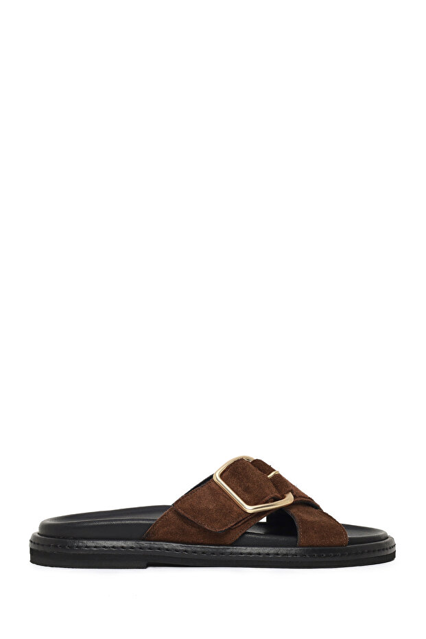 Women's Brown Suede Leather Slippers 26Sfd271610