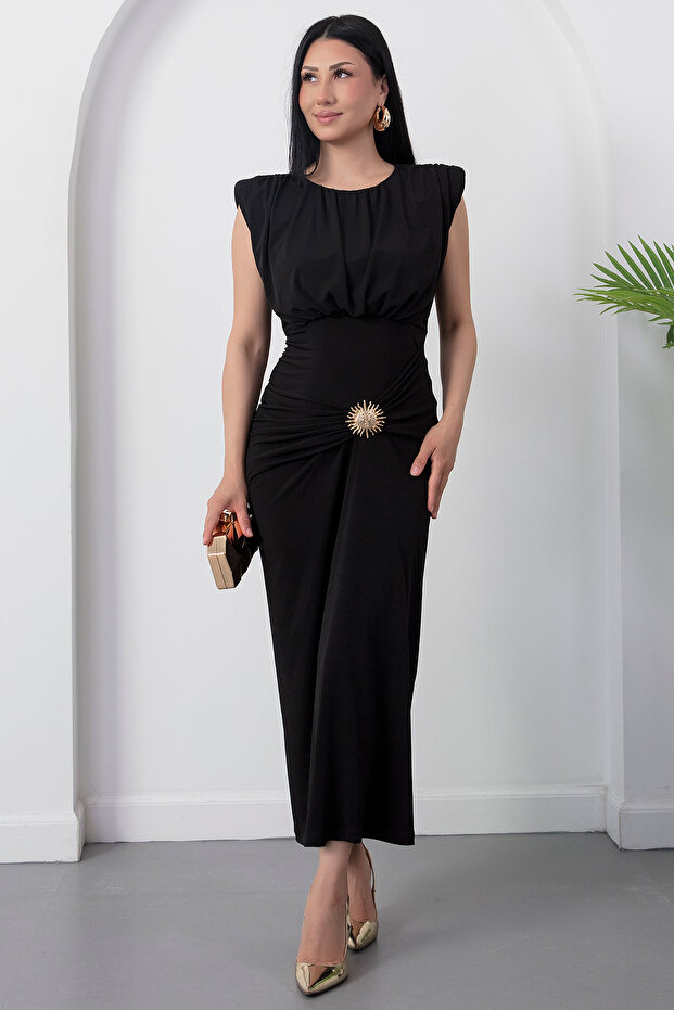Crew Neck Gathered Side Buckle Dress K-251642