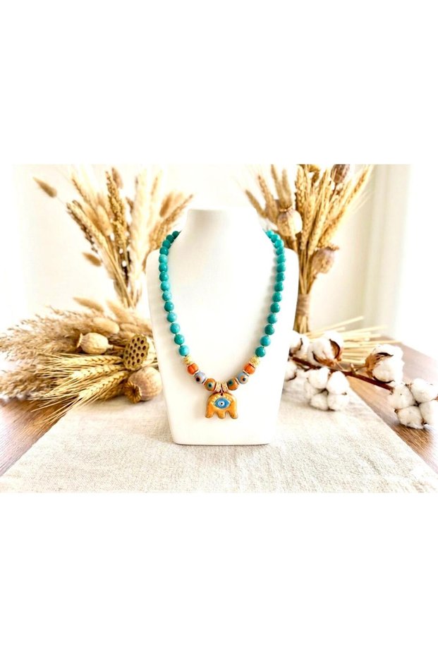 Green Natural Stone Elephant and Eye Detailed Handmade Ceramic Pendant Bohemian Women's Necklace