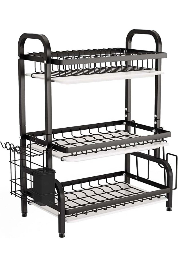 Modern Countertop Dish Drying Rack, 3-Tier Kitchen Storage Organizer with Drainage System, Cutlery Holder, Cup Rack and Plate Storage