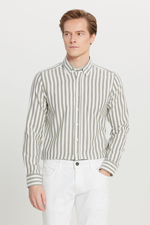 Men's Khaki-White 100% Cotton Flannel Slim Fit Slim-Fit Button-Down Collar Striped Shirt