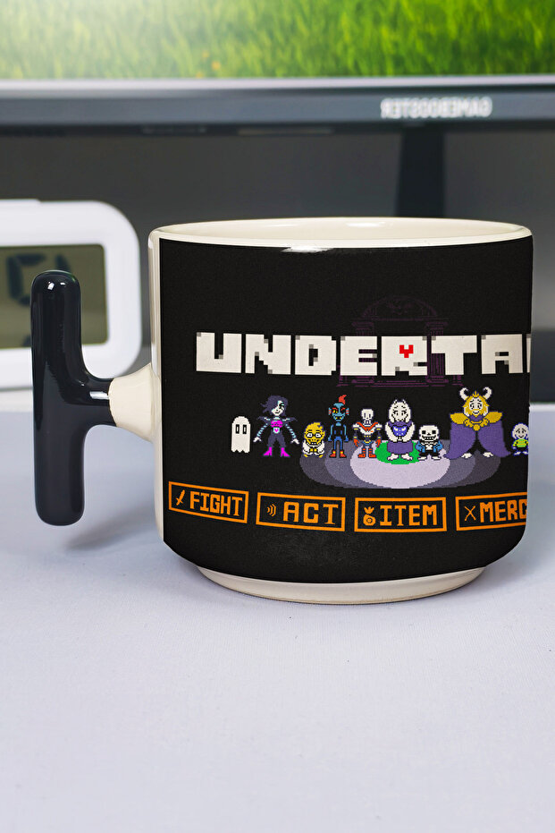 كوب سيراميك فاخر مطبوع من Undertale (قطعة واحدة) على شكل حرف T بمقبض أسود خاص V1T