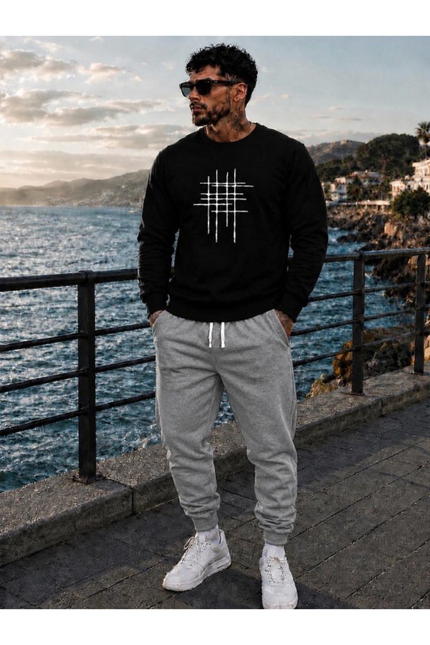 Unisex Zero Collar and Trackpants Set with Rod Printed Design