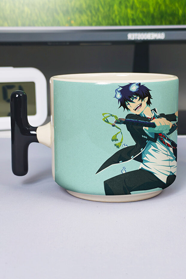 كوب سيراميك فاخر مطبوع عليه رسومات أنمي Ao no Exorcist (قطعة واحدة) على شكل حرف T بمقبض أسود خاص V1T