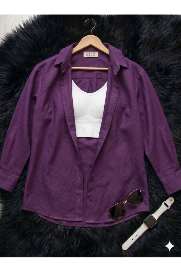 Women's Oversize Cut Woven Linen Long Sleeve Purple Shirt 100% Cotton
