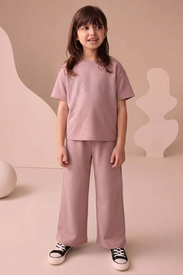 Girl's Stone Print Detailed T-Shirt and Wide-Leg Pants Set Stylish Casual Combination