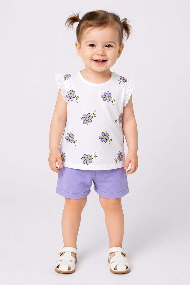 Baby girl daisy print summer 2-piece set with scalloped sleeve shorts, 3-12 months