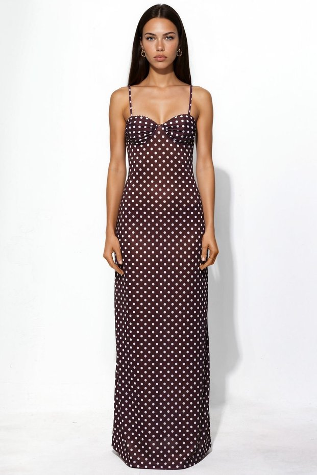 Heart Neckline Polka Dot Maxi Dress